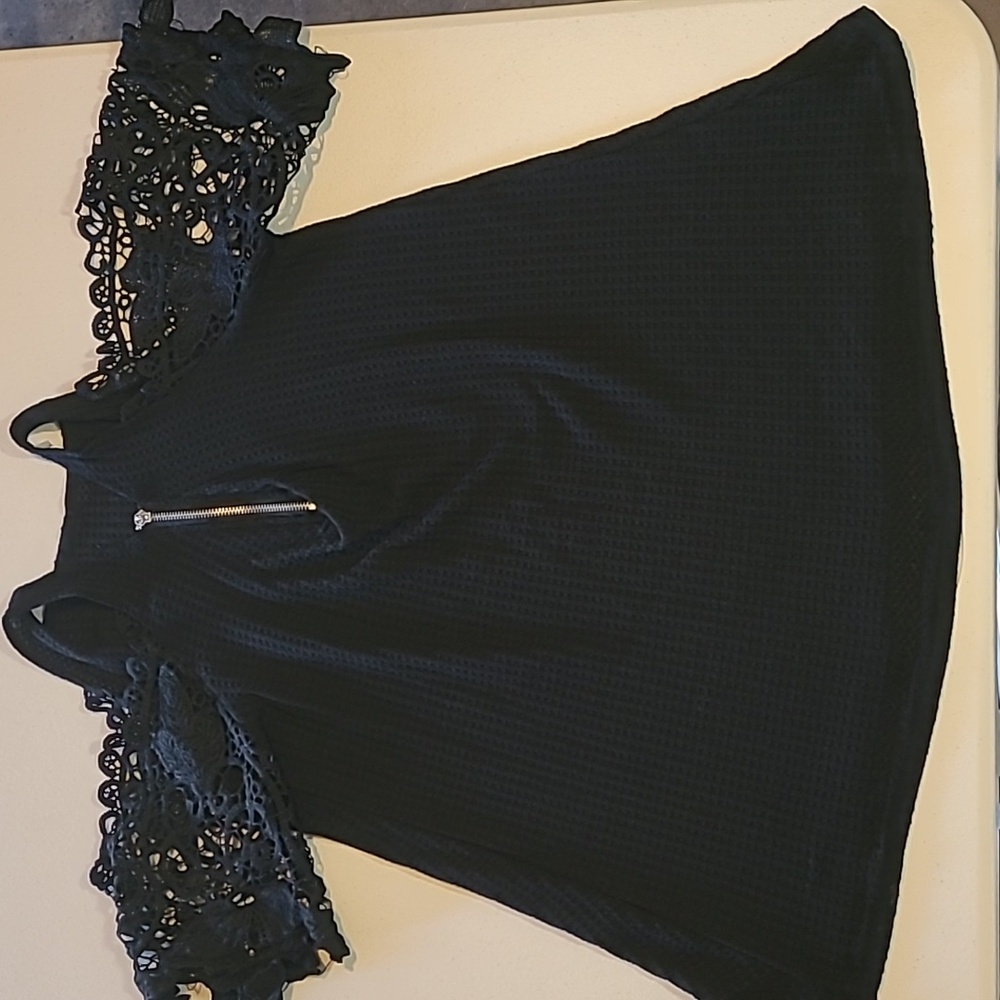 Cold Shoulder Soft Waffle Knit Top with Lace Sleeves, Black Or Grey